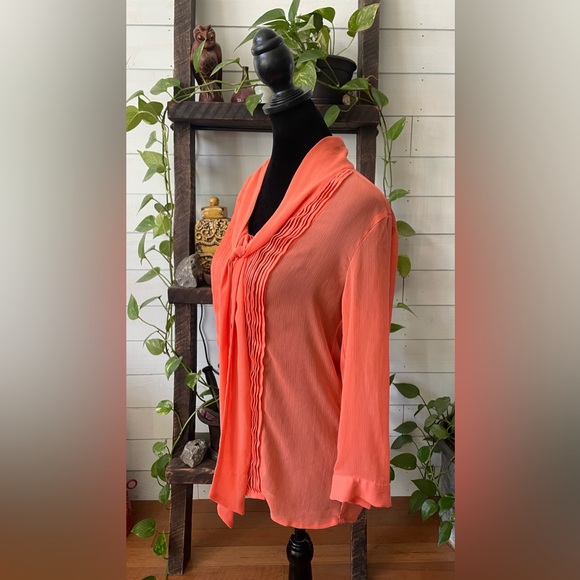 Banana Republic: Orange Peach Pleated Blouse with Neck Tie - Picture 13 of 17